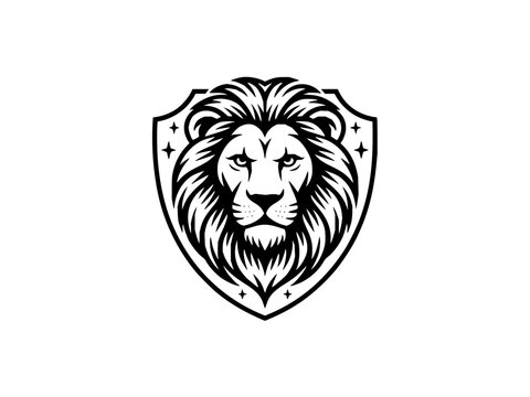 Powerful lion head inside a decorative shield black and white vector mascot emblem