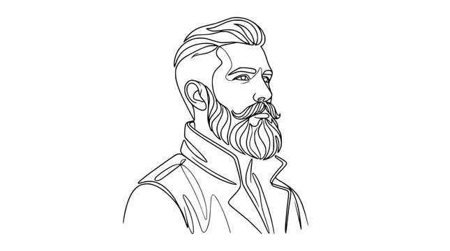 Man's Portrait Line Art, Bearded Hipster Style, Isolated on Transparent Background
