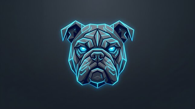 Stylized geometric bulldog head illustration with glowing blue neon light outlines on a dark background.
