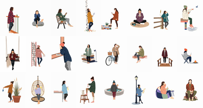 Large collection of flat vector illustrations of people in various casual poses and winter outfits, perfect for architectural visualization and design projects.