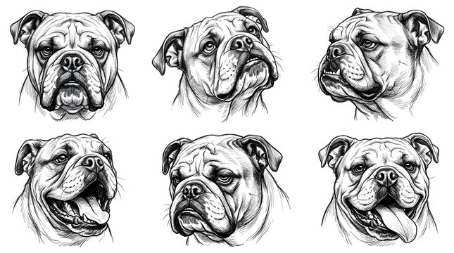 Set of hand drawn sketches featuring various expressions of English bulldog dog heads.