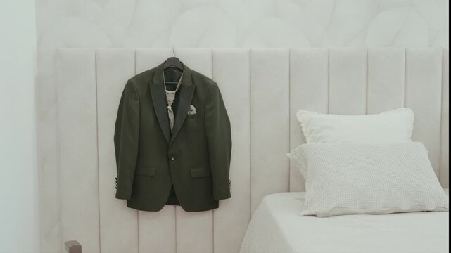 Green wedding suit jacket with cravat hanging on a white bed headboard