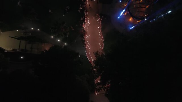 Warm string lights lining a garden path at night with blue glow beyond trees