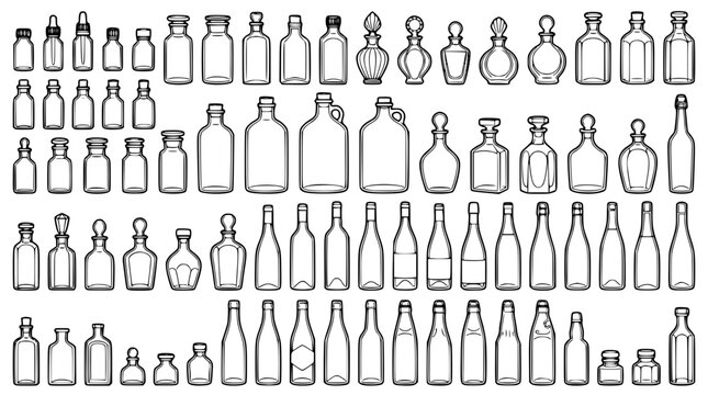 Vintage glass bottle and jar vector icon set including cosmetic vials pharmacy apothecary containers wine flasks and perfume packaging design elements isolated on white background
