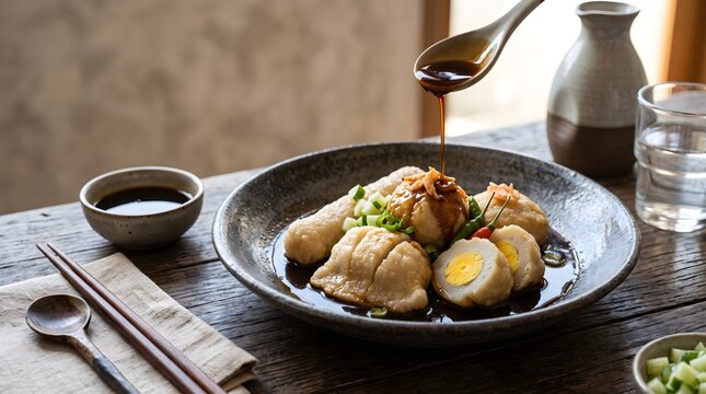 Traditional Palembang pempek made from fish and tapioca starch, served with rich dark cuko vinegar sauce, fresh cucumber, chili, and fried shallots in an elegant contemporary food presentation.
