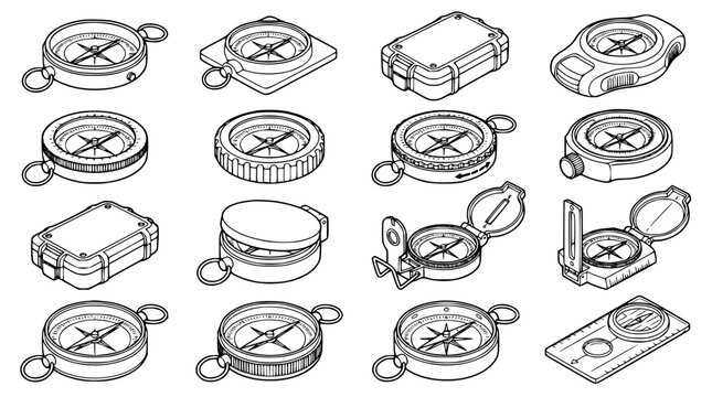 Isometric outdoor survival compass vector set including pocket navigation tools military flip cases and tactical orientation equipment isolated on white background