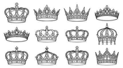 Royal tiara and crown vector set featuring ornate medieval imperial majestic king queen coronation emblems black line icons isolated on white background © Md Sakib