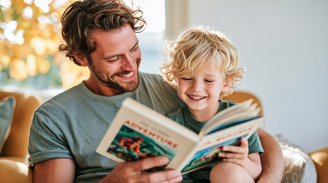 Family reading picture book together with joyful connection at home