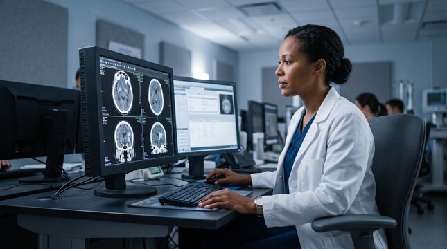 Female doctor in white lab coat analyzing brain scans on computer screens in a modern medical office