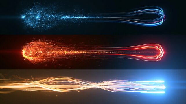Dynamic light particles and glowing speed streaks moving across a dark background. Ideal for digital motion graphics and futuristic technology design concepts.