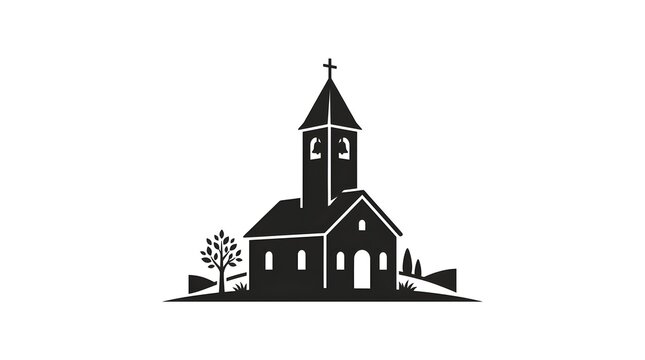 Black silhouette icon of a traditional church building with cross steeple