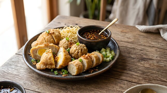 Authentic Palembang pempek assortment featuring fish-based cakes and egg-filled pempek, served with spicy sweet sour cuko sauce, cucumber, noodles, and crispy shallots on a rustic ceramic plate.