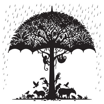 Rainforest conservation vector silhouette of umbrella tree sheltering jungle animals in rain