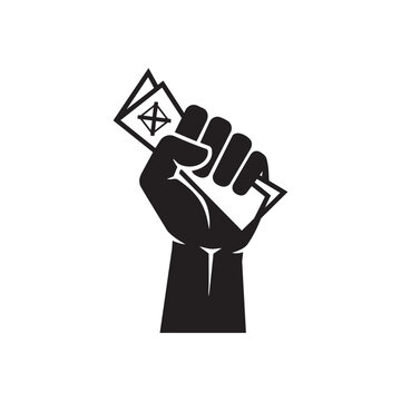Vector illustration of a raised fist holding a marked voting ballot for democracy and election concept