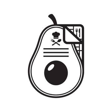 Avocado shaped restaurant menu icon vector illustration with chef hat and cutlery symbols