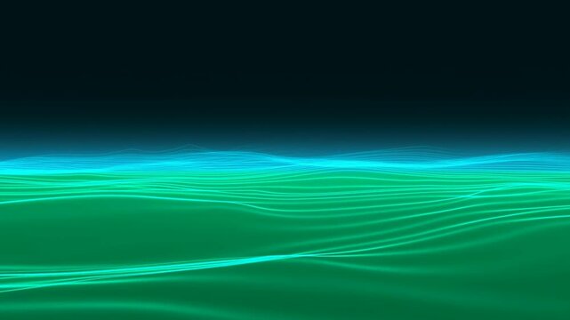 Abstract digital wave background with glowing neon green and teal lines