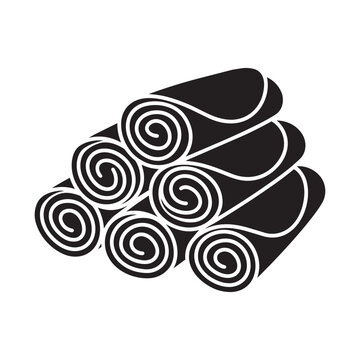 Stack of rolled fabric towels or textile rolls black and white vector icon