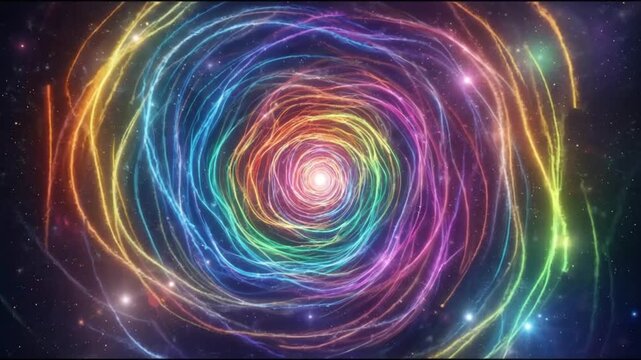 Colorful glowing neon vortex and hyperspace tunnel with swirling light streaks and star particles loop background