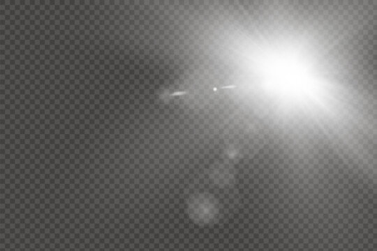 White glowing light explodes on a transparent background. Sparkling magical dust particles. Bright Star. Transparent shining sun, bright flash. Vector sparkles. To center a bright flash.