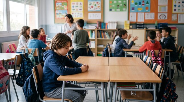 Elementary school classroom with diverse students engaged in learning activities and a teacher overseeing