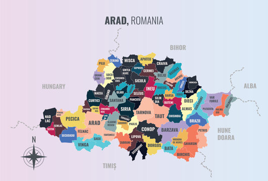 Arad Romania County into Municipiu in a minimalist colorful style map showing