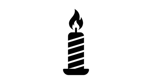 Black and white vector icon of a striped birthday candle burning in a holder with candle flame