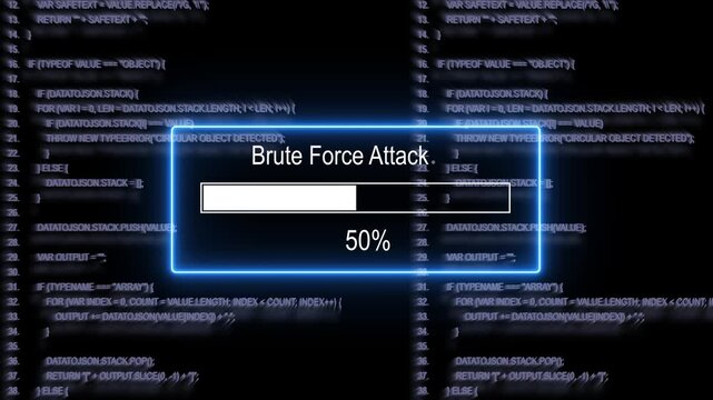 Digital brute force attack progress bar overlaying complex software source code background, for cybersecurity threat, simulation, data breach, warning, hacking attempt, and network security analysis