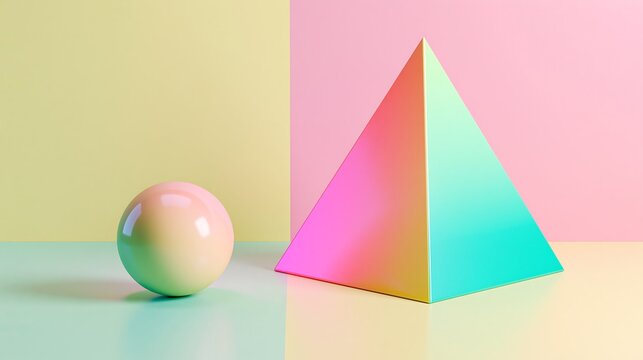 Minimalist 3D render of vibrant gradient geometric shapes including a pyramid and a sphere. Ideal for modern poster designs and creative branding concepts.