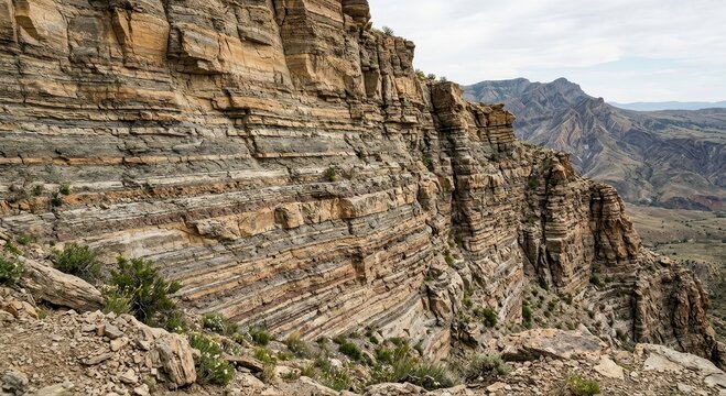 Detailed layers of ancient sedimentary rock formations carved into a rugged mountain cliff face
