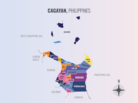 Cagayan Philippines Province into Municipality in a minimalist colorful style map showing