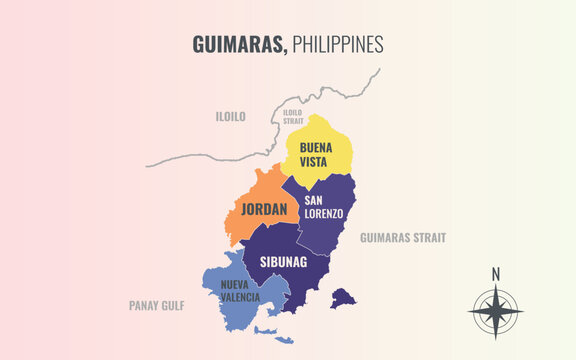 Guimaras Philippines Province into Municipality in a minimalist colorful style map showing