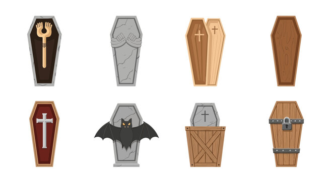 A collection of various vector illustrations featuring different styles of coffins and caskets for Halloween