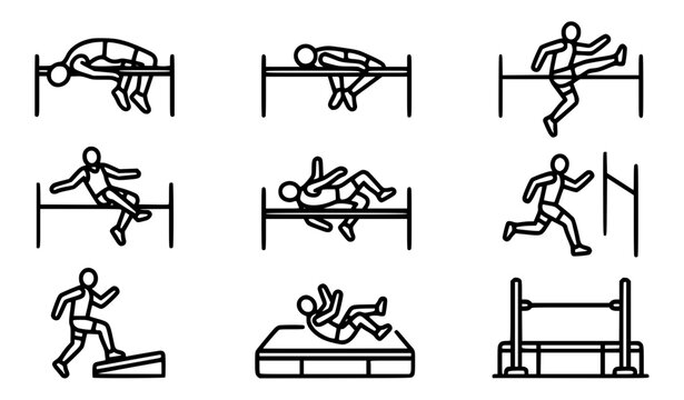 High jump positions and techniques vector icons set athletics player sports line art collection
