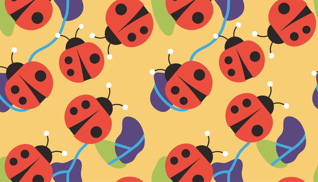 Playful seamless background pattern featuring cute red ladybugs crawling over abstract organic color spots.