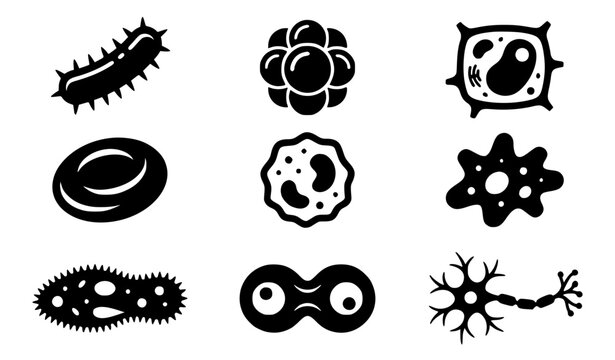 Microscopic cells and bacteria vector silhouettes emblem set microbiology logo collection