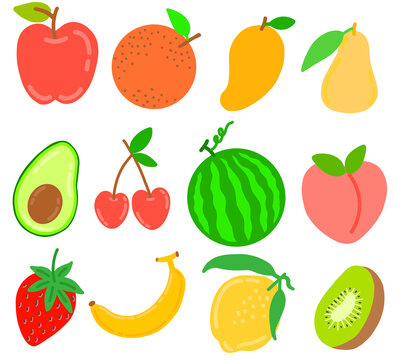 Cute mixed fruits flat vector illustration set, colorful hand-drawn apple, orange, mango, pear, avocado, cherries, watermelon, peach, strawberry, banana, lemon, and kiwi on a white background, summer 