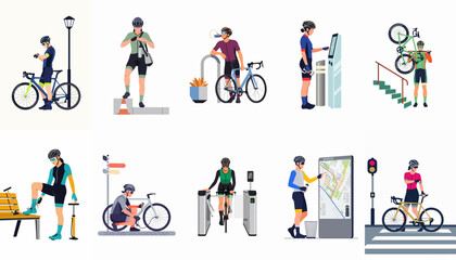 Fototapeta premium Set of flat vector illustrations depicting urban cyclists in various daily activities like commuting, bike maintenance, and navigating city infrastructure.