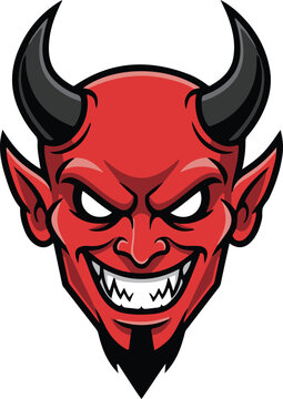 Menacing red devil face with black horns and sharp teeth, bold mascot vector illustration
