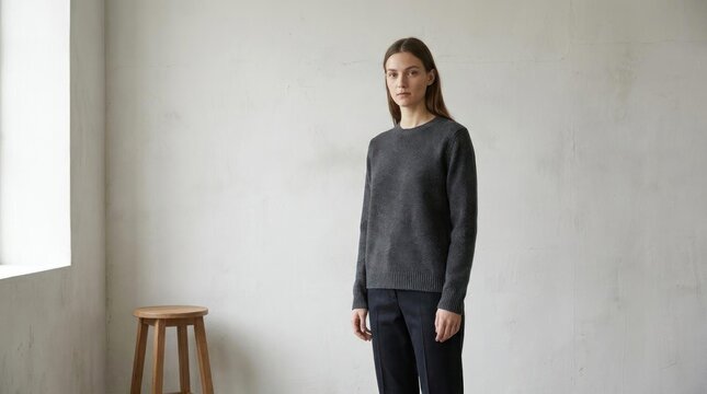 Woman in grey knit sweater posing against plain white wall.
