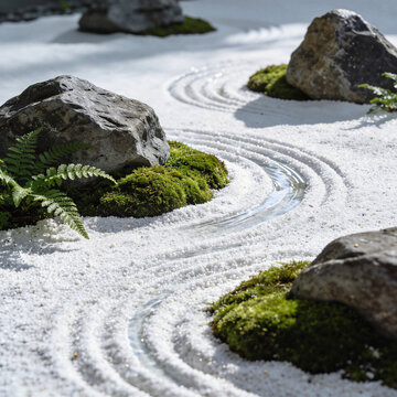Japanese zen garden with moss rocks, fern and rippled white sand patterns