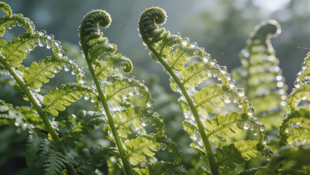 Close-up of unfurling fern fiddleheads with dewdrops in morning light
