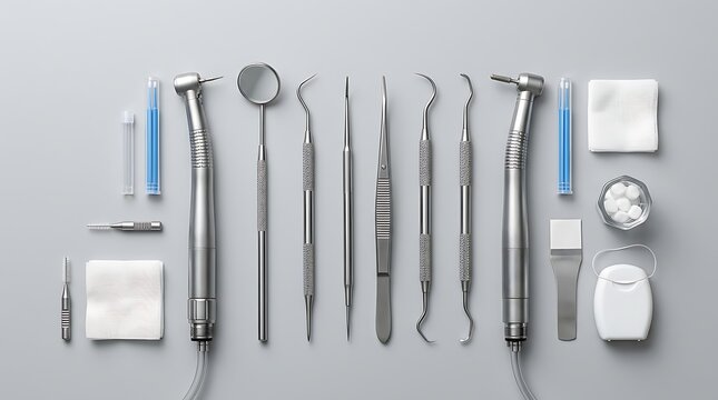 Comprehensive flat lay top view of professional dental tools and equipment arranged neatly on a clean gray background