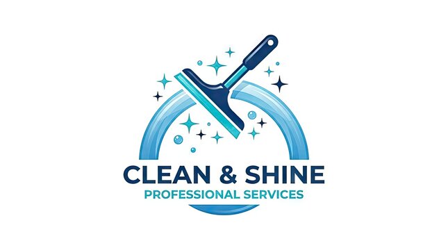 Professional cleaning service logo with squeegee and sparkles.