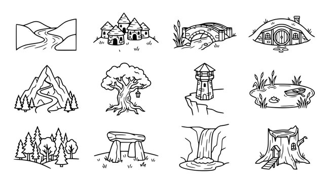 Fantasy Landscape Elements Collection: Village, Hobbit House, Bridge, Waterfall