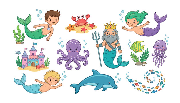 Cute underwater mermaid vector clip art set with cartoon merman king neptune dolphin sea castle and marine animals