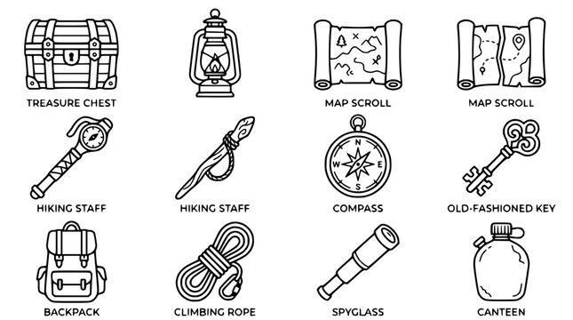 Adventure Gear Icons: Treasure Chest, Map, Compass, Backpack, Spyglass