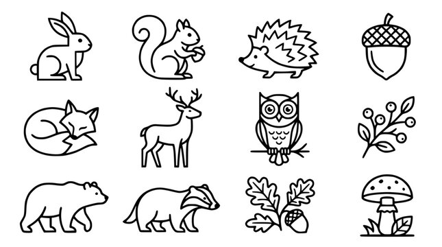 Forest Animals Icons Set: Rabbit, Fox, Bear, Squirrel, Deer, Badger, Owl, Hedgehog
