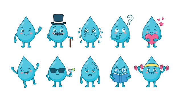 Cute water drop character emoji sticker set showing various emotions and actions like crying happy strong thinking reading vector