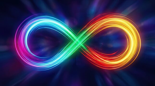 Vibrant infinity symbol with a colorful light trail against a dark background