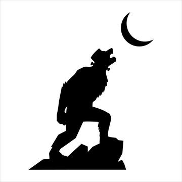 Frankenstein monster werewolf silhouette howling at crescent moon black vector art for horror themes.
